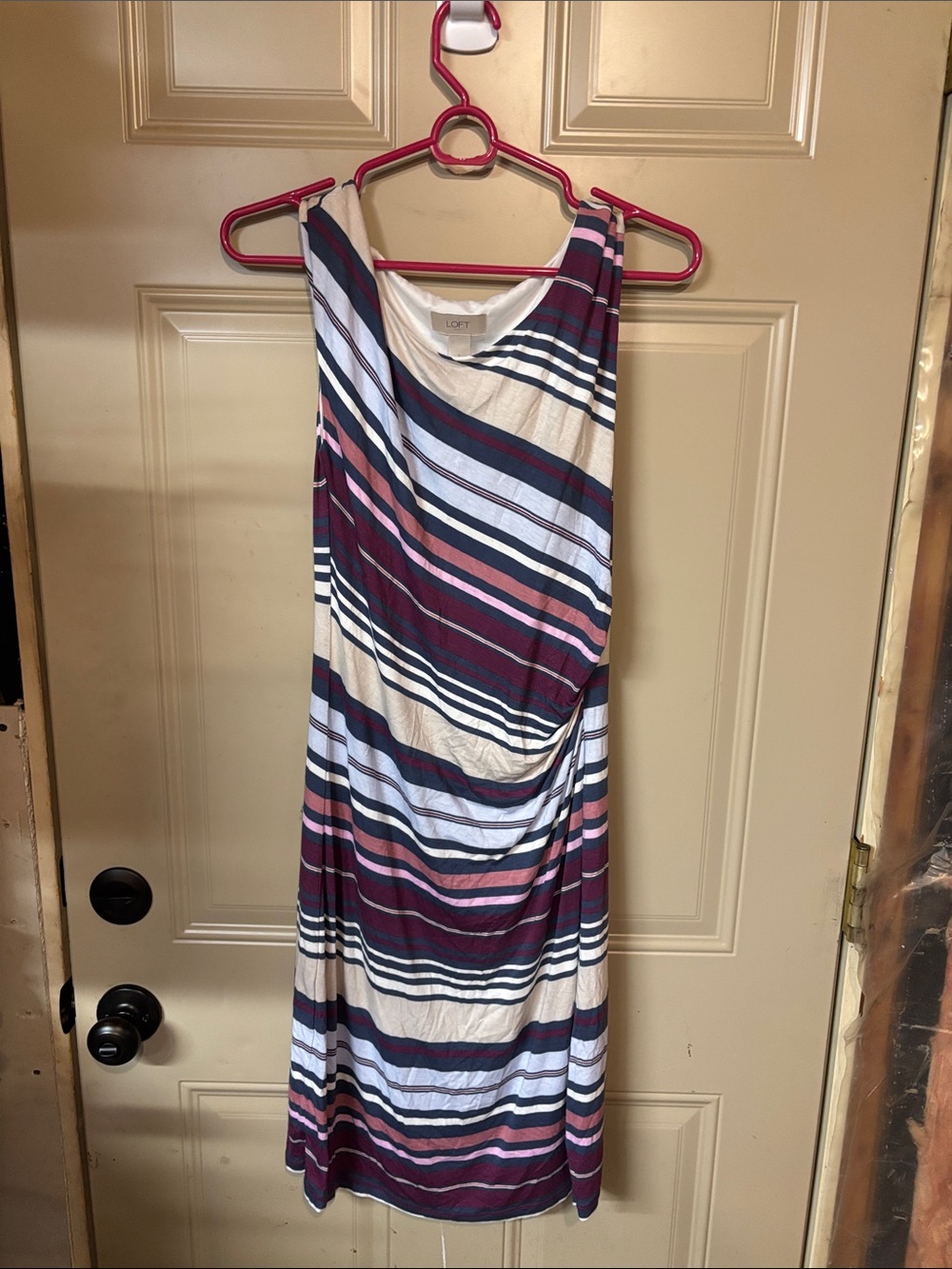 LOFT One-Shoulder Striped Dress in Navy, Pink & White b232
